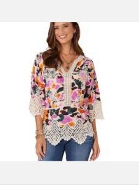Democracy Floral V-Neck Crochet-Trim Tunic - Pink Multi